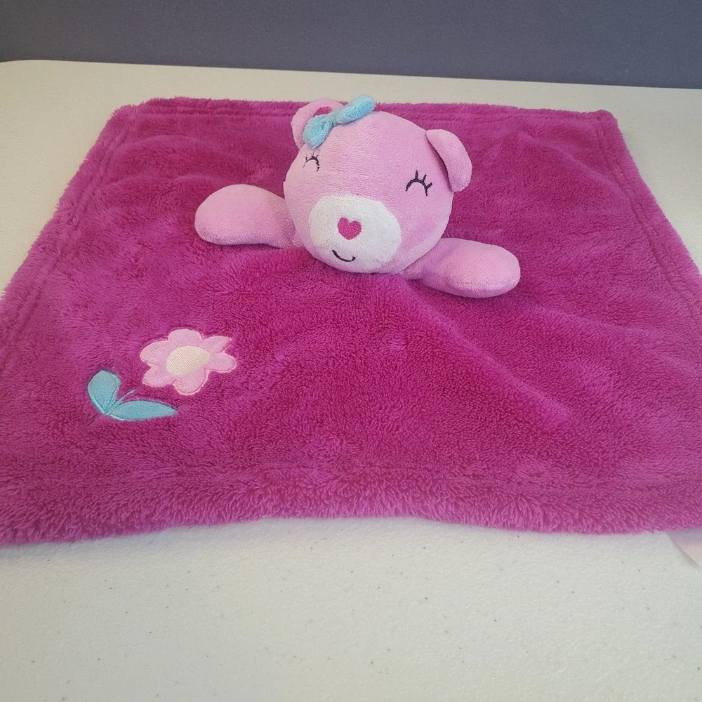 BABY GEAR‎ Pink Teddy Bear Fuchsia Security Blanket Lovey Flower Soft Fleece 15